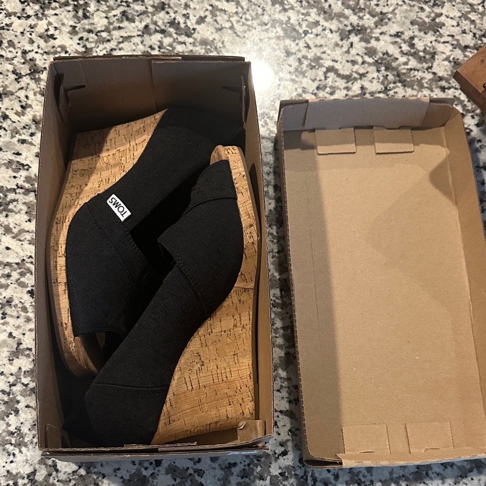 Toms Black Cork Wedge Sandals